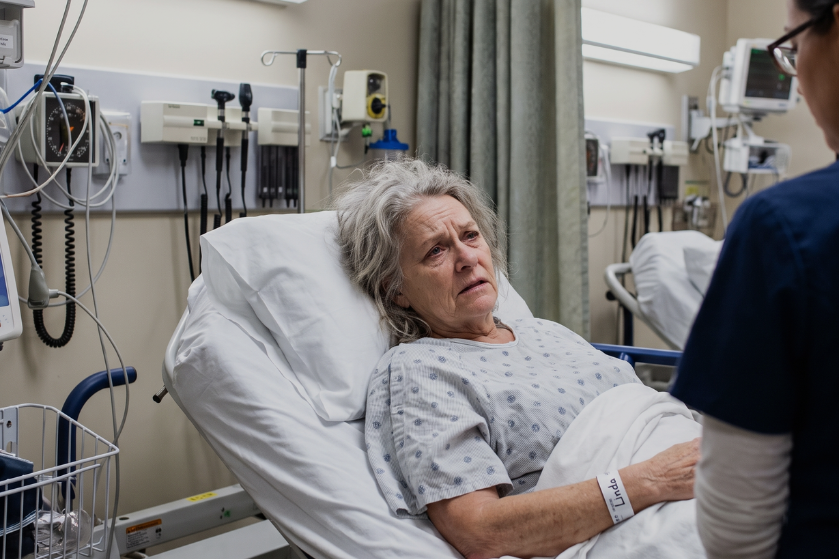 Lynda in a hospital bed after receiving bad news from her doctor