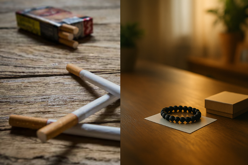 Cigarettes left behind versus the Unlit bracelet that replaced them