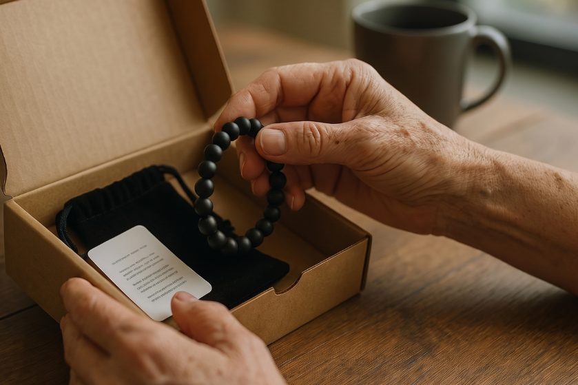 Hands unboxing the black magnetic bracelet from its package